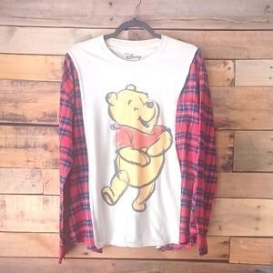Upcycled Disney White Shirt with Red Plaid Sleeves and Winnie the Pooh